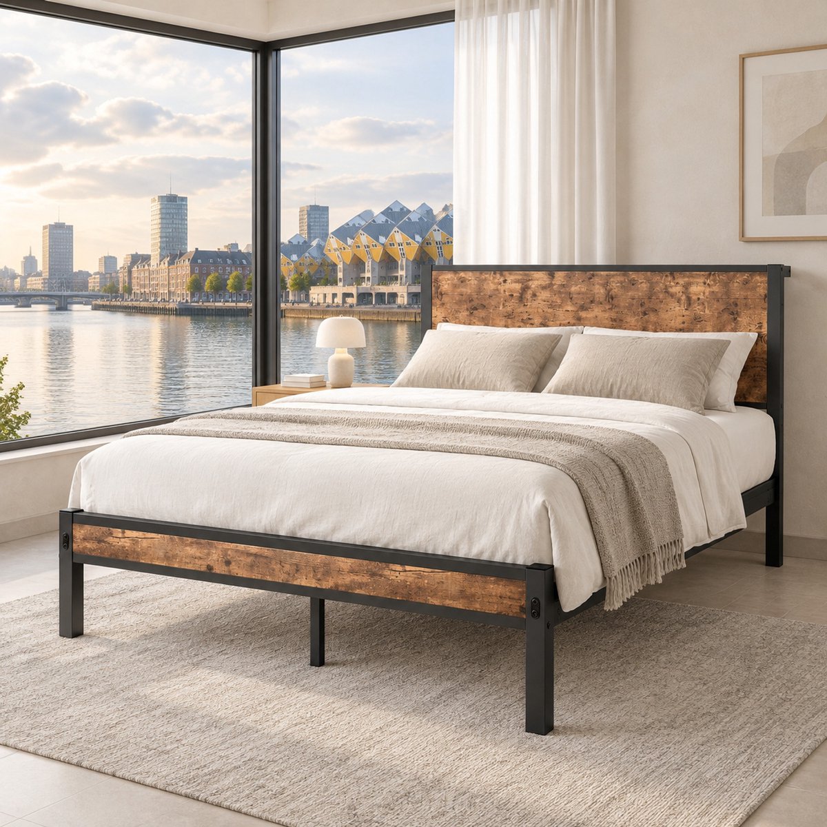WUVRIE Metalen bedframe 120x200 cm met lattenbodem en opbergruimte, eenpersoonsbed in antiekbruin/zwart Antiek bruin