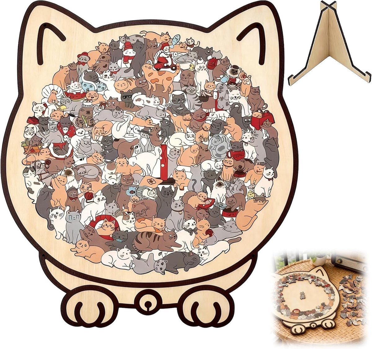 Kattenpuzzel van 135 gekleurde houten stukken in kattenvorm, perfect als cadeau voor kattenliefhebbers en als decoratie voor thuis