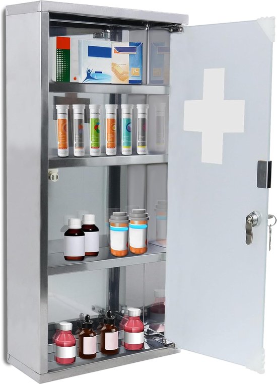 Medicijnkastje, apothekerskast van roestvrij staal, medicijnkastje met 4 vakken, medicijnkastje, hangend medicijnenopslag, 30 x 12 x 57,5 cm — afbeelding 5
