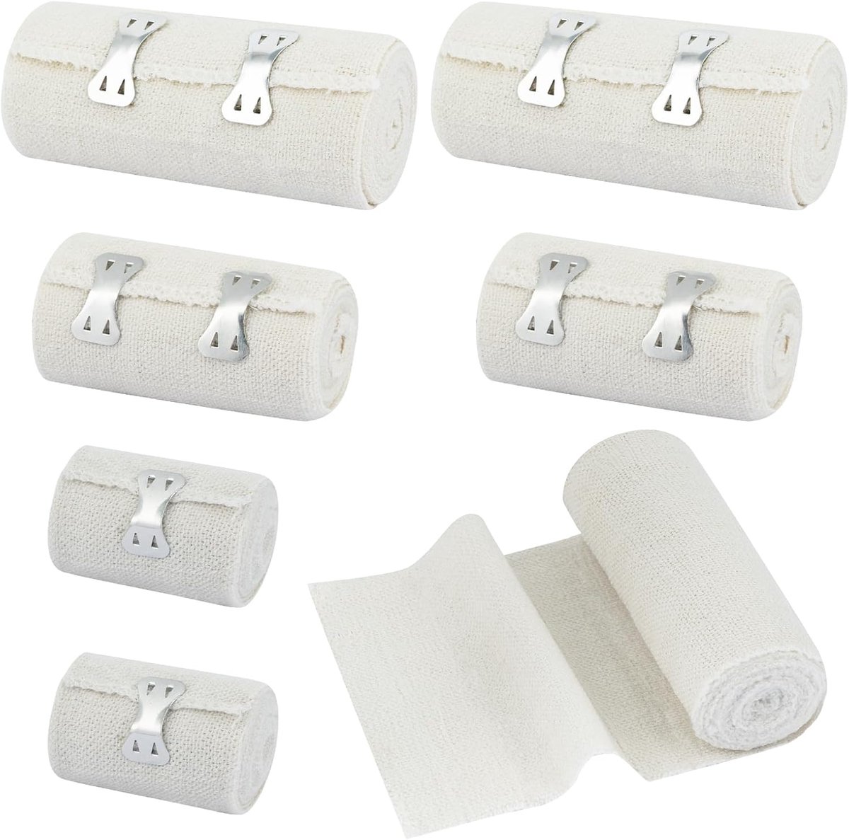 Set van 6 rollen elastische verbanden van rekbare vezels, inclusief metalen klemmen – voor armen, polsen, borst, benen, knieën, voeten (5 cm/7,5 cm/10 cm × 4,5 m × 6)