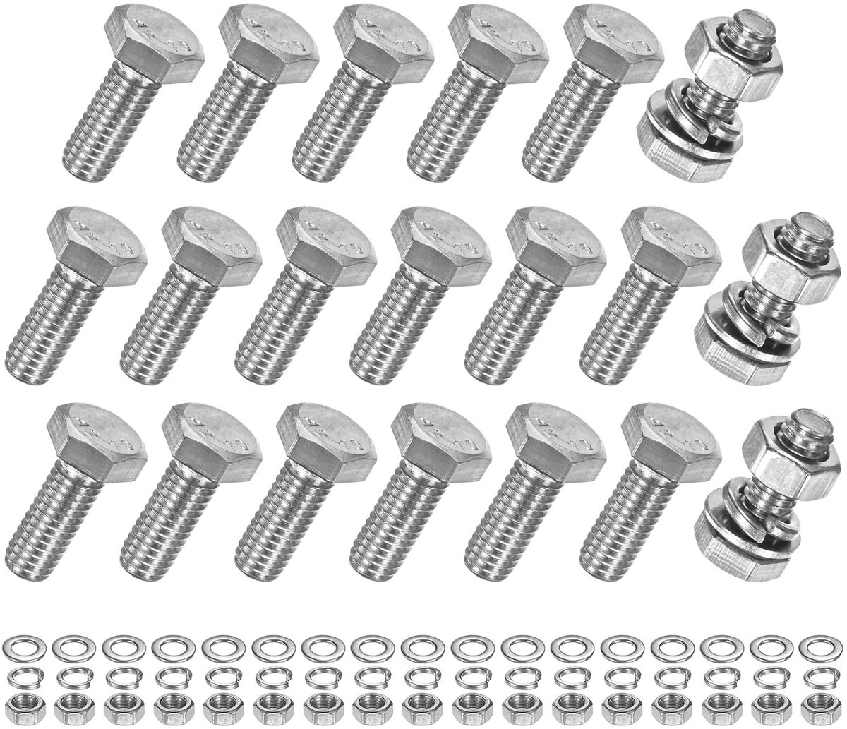 20 stuks zeskantschroeven met moeren met platte sluitringen en vergrendeling, M6 x 16 mm, set met schroeven en moeren van roestvrij staal, volledige schroefdraad, metrisch assortiment voor