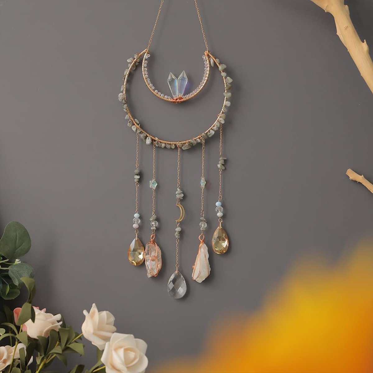 Crystals Tree of Life Dream Catchers, natuurlijke edelsteen agaat wandkleden voor ramen tuin woondecoratie (nieuwe maanvorm)