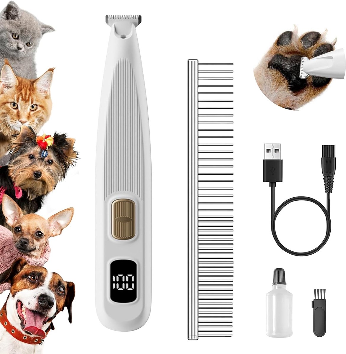 Trim Pro Poottrimmer met ledlicht, USB-oplaadbaar, voor honden en katten, stille hondenpoottrimmer met 2 instelbare snelheden, nieuw digitaal scherm
