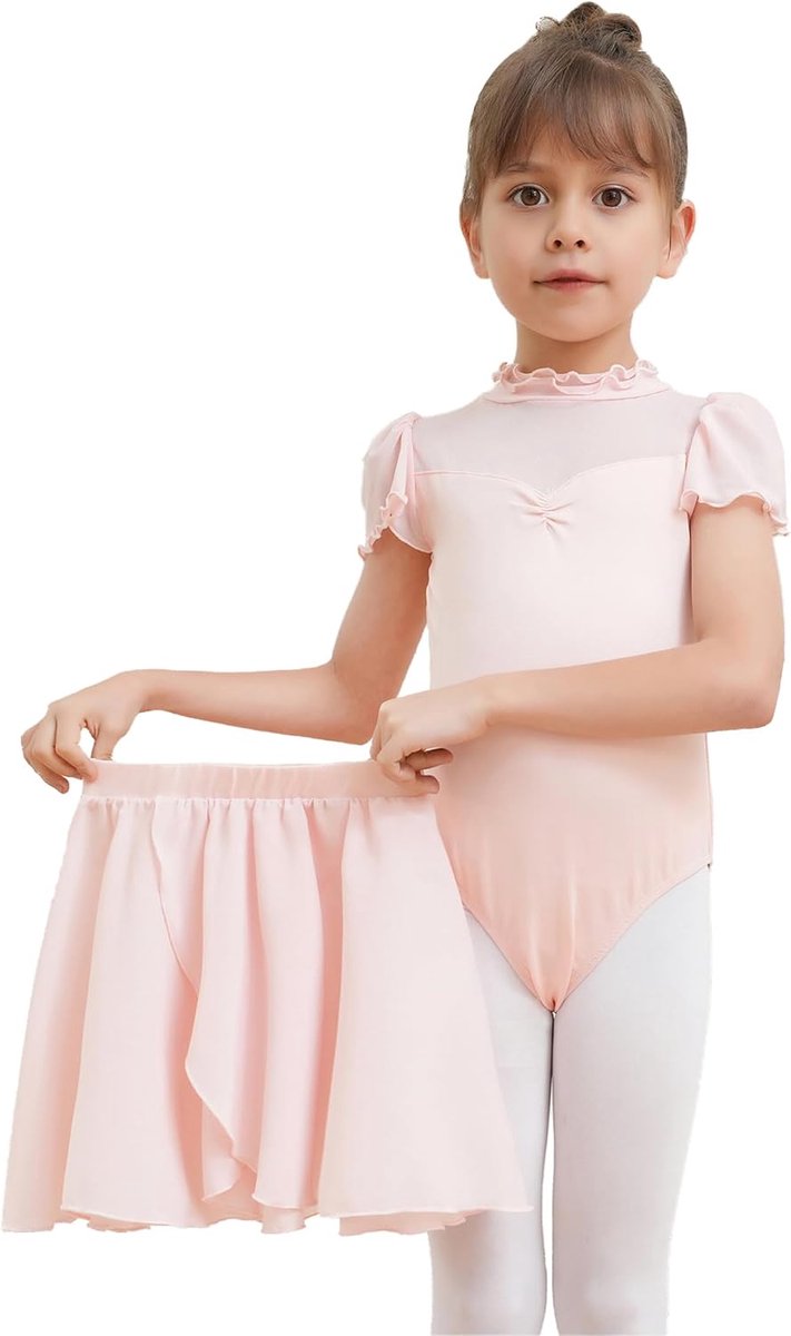 2-delig ballet meisje korte mouw gymnastiek kostuum met chiffon dance wrap jurk voor kinderen dance kostuum set