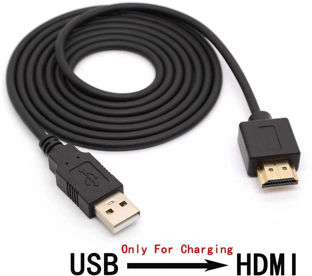 USB naar HDMI adapterkabel - 1,5 meter, USB 2.0 type A mannelijk naar HDMI mannelijk, zwart, snel opladen, compatibel met smartphone, actiecamera, USB-uitgangsapparaten