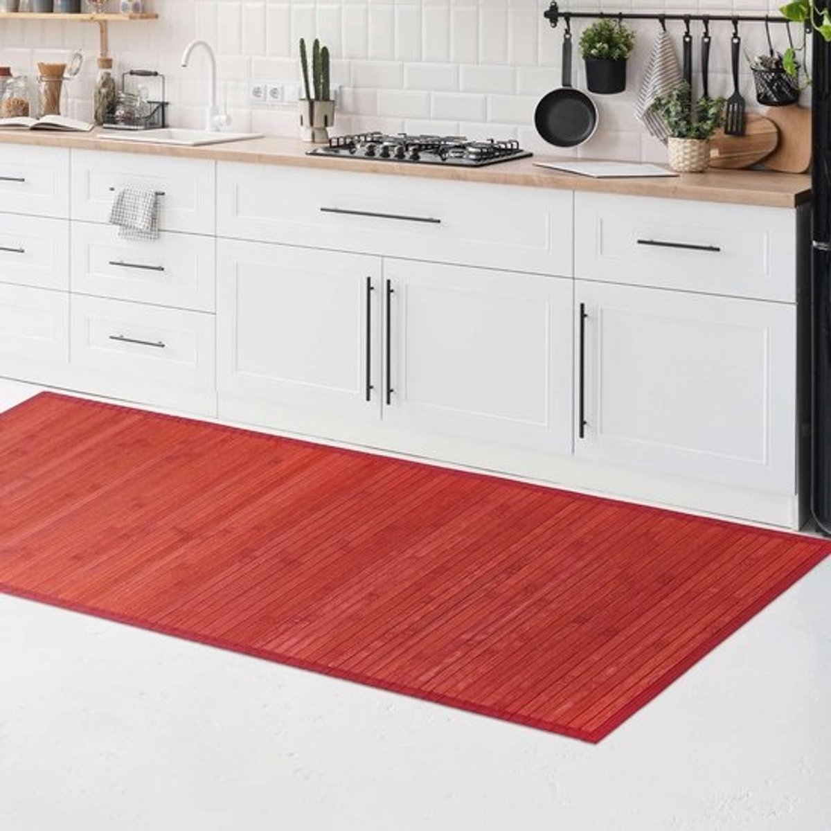 Bamboetapijt voor keuken en badkamer, 50 x 100 cm, antislip, waterdicht, natuurlijk hout, gemakkelijk schoon te maken, rood