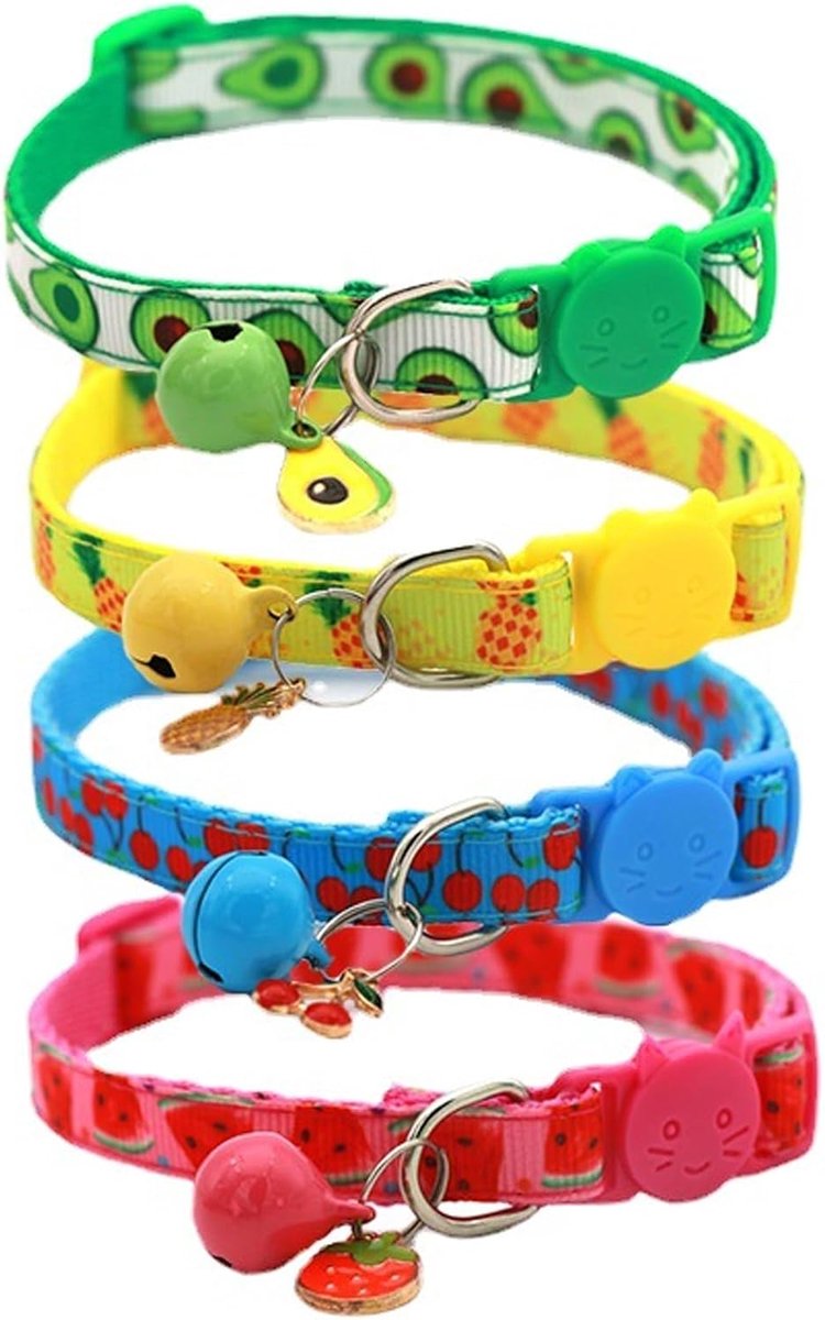 Halsbanden met belletjes, kittenhalsbanden veilige snelsluiting, fruitstijl kattenhalsband, verstelbaar 19-32 cm