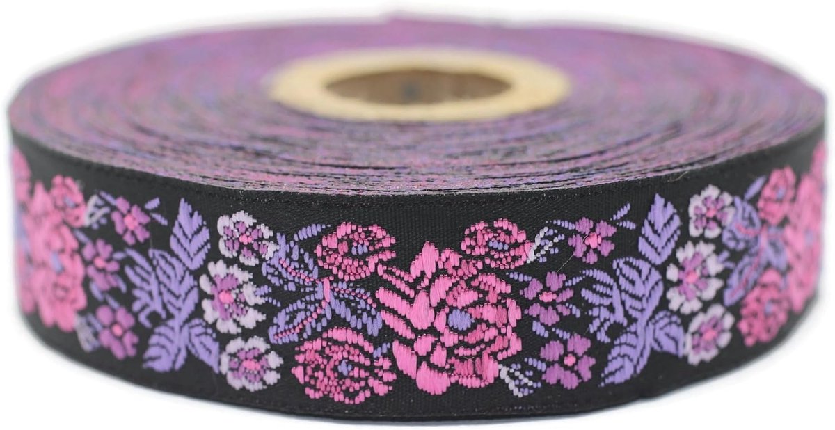 Jacquard Lint Weeft Roze en Paars Geheime Tuin 10 m x 22 mm - Rollen Borduurband voor Naaien Decoratie 22097-V1