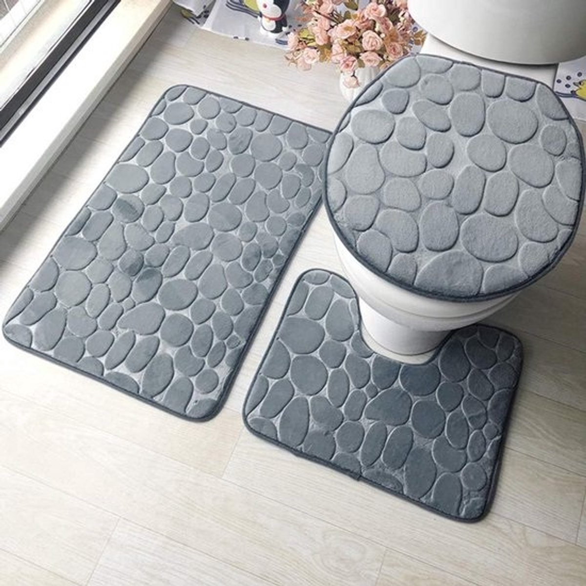 Antislip Badmatset met Toiletdekselhoes - 3-delig, Ademend en Comfortabel