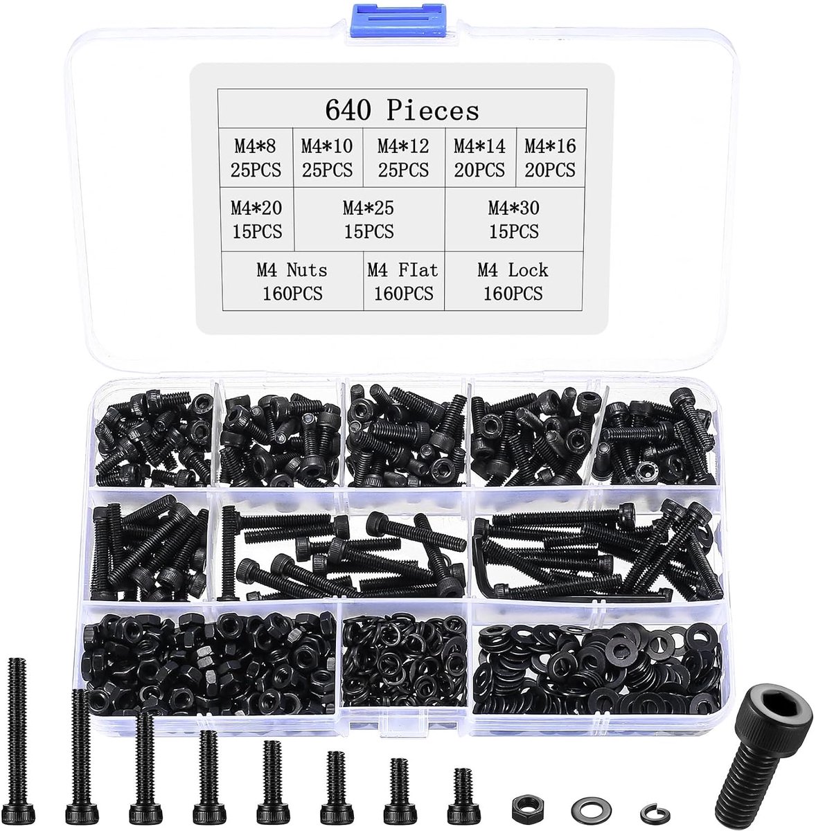 640 stuks M4 schroevenset zwart, cilinderkopschroeven, moersets, zeskantschroeven, metrische cilinderschroeven met binnenzeskant schroeven, set en sluitringen, assortiment