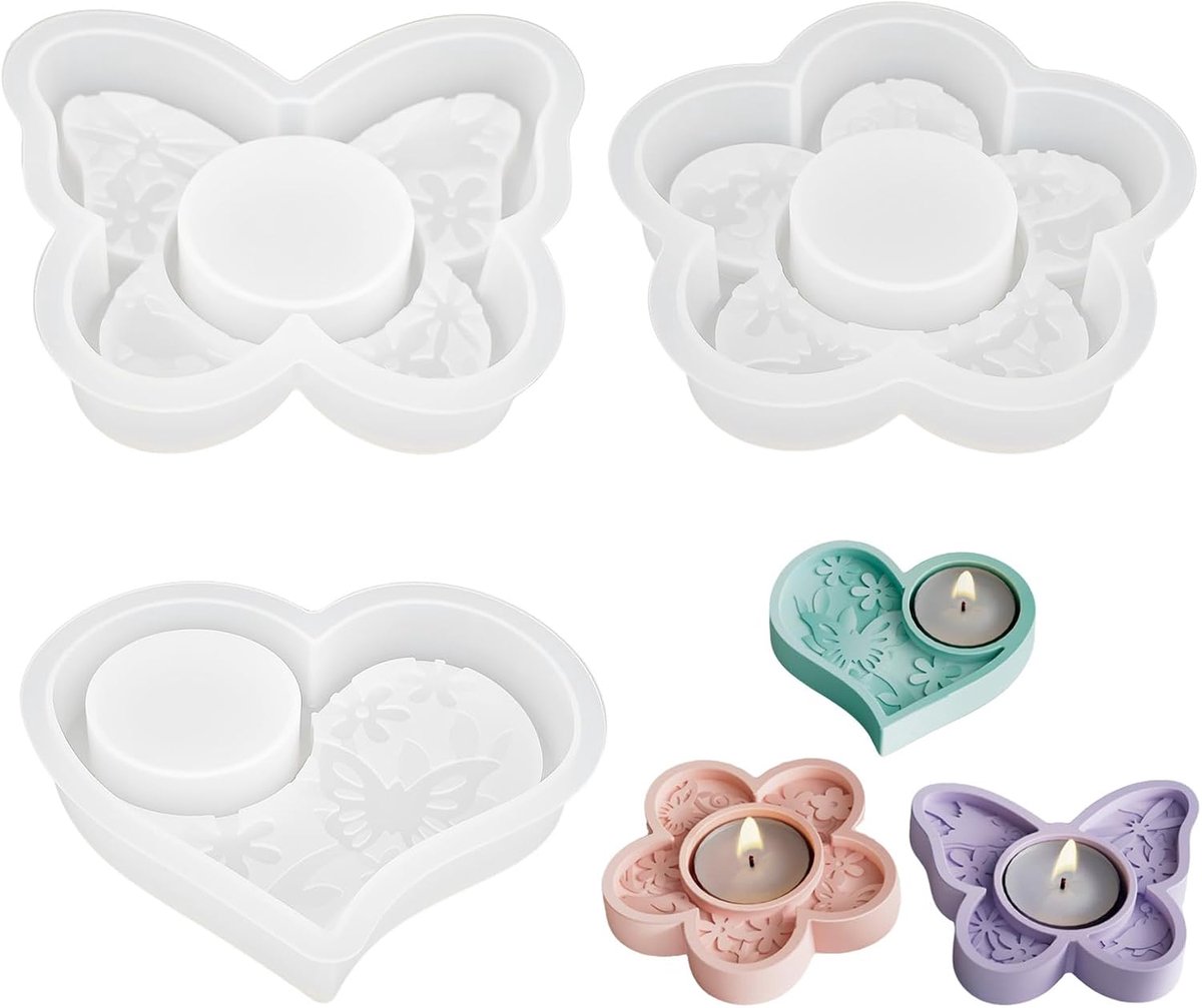3 stuks siliconen gietvormen, hartjes, bloemen, vlinders, siliconen gietvormen, herbruikbare siliconen kaarsvormen voor doe-het-zelf aromatherapie, kaarsen (wit)