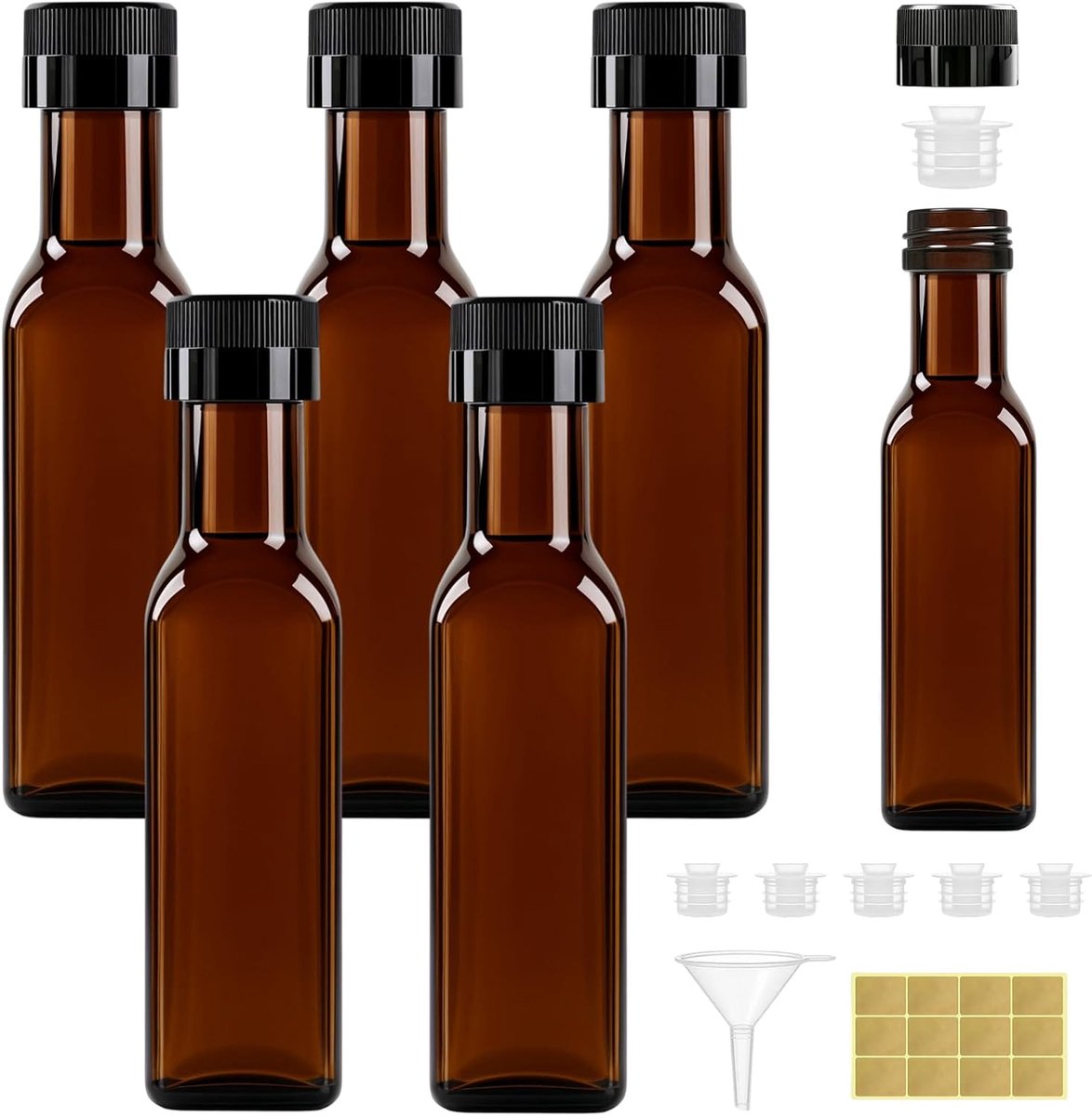 6 stuks 100ml Olijfolie Fles, Azig en Olie Donor, Olie Flessen, Uitloopveilig Druppelvrij, Olijfolie Fles met Riemer, Etiketten, Glazen Fles Voor Keuken en Barbecue