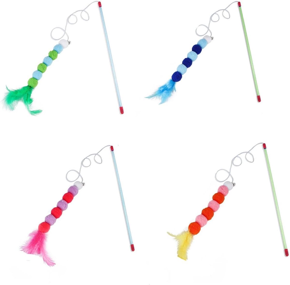 4 stuks interactieve kattenstaf speelgoed met veren - kattenteaser toverstaf voor binnenkatten - vervangbaar speelgoed voor binnenkatten oefening en hechting