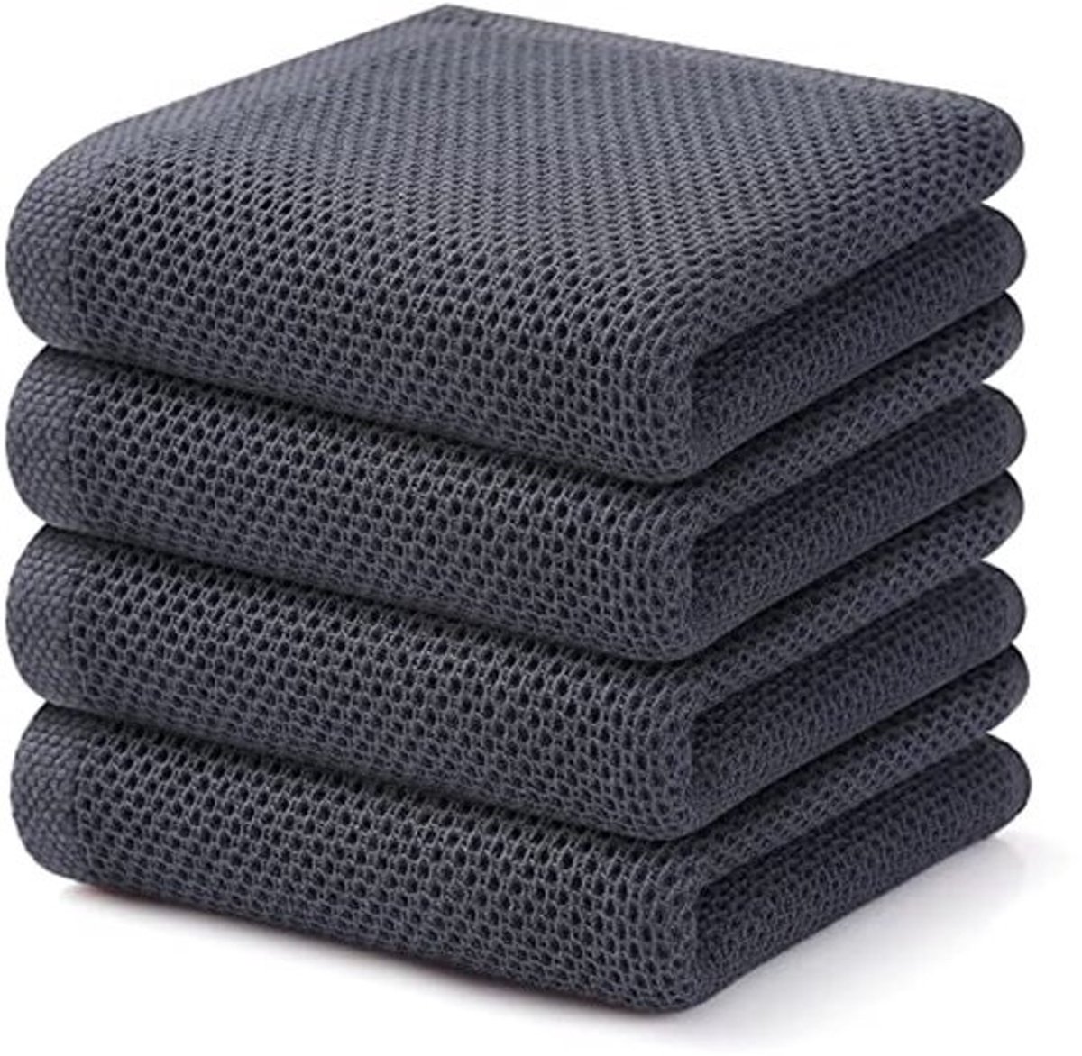 100% Katoen Wafelweefsel Keukenhanddoeken - 4-Pack Superzacht en Absorberend voor Drogen van Gerechten - 33 x 71 cm - Donkergrijs