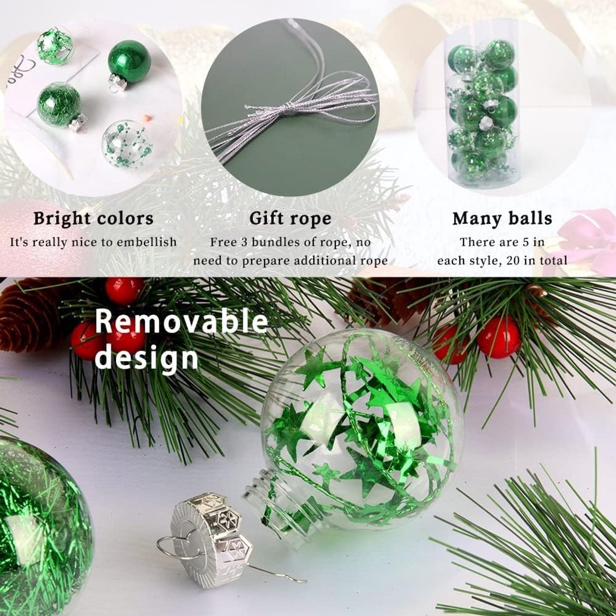 Kerstballen, boomversiering, kunststof, geschilderde kerstballen, ornamenten, kerstboomdecoratieset, fonkelend, onbreekbaar, kerstballen, decoratieset van 20 (groen)