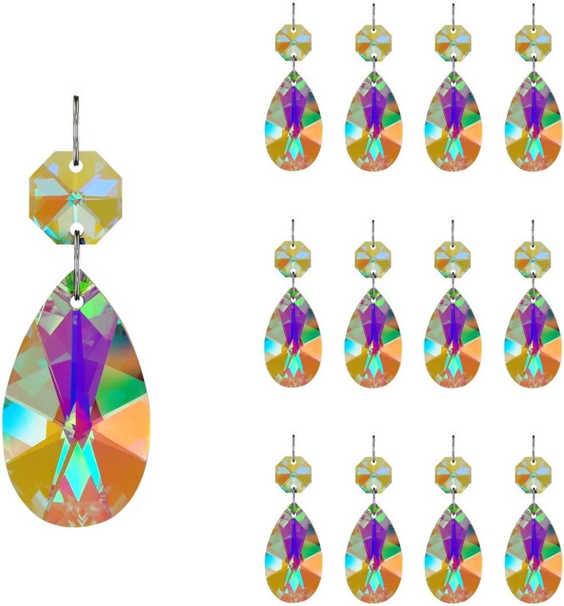 12 stks 38 mm Teardrop Crystal Kroonluchter Prisma's Onderdelen met Glas Achthoek Kralen Ketting voor Kroonluchters, Bruiloft, Kerstdecoratie GOLDENHAITAI (AB)