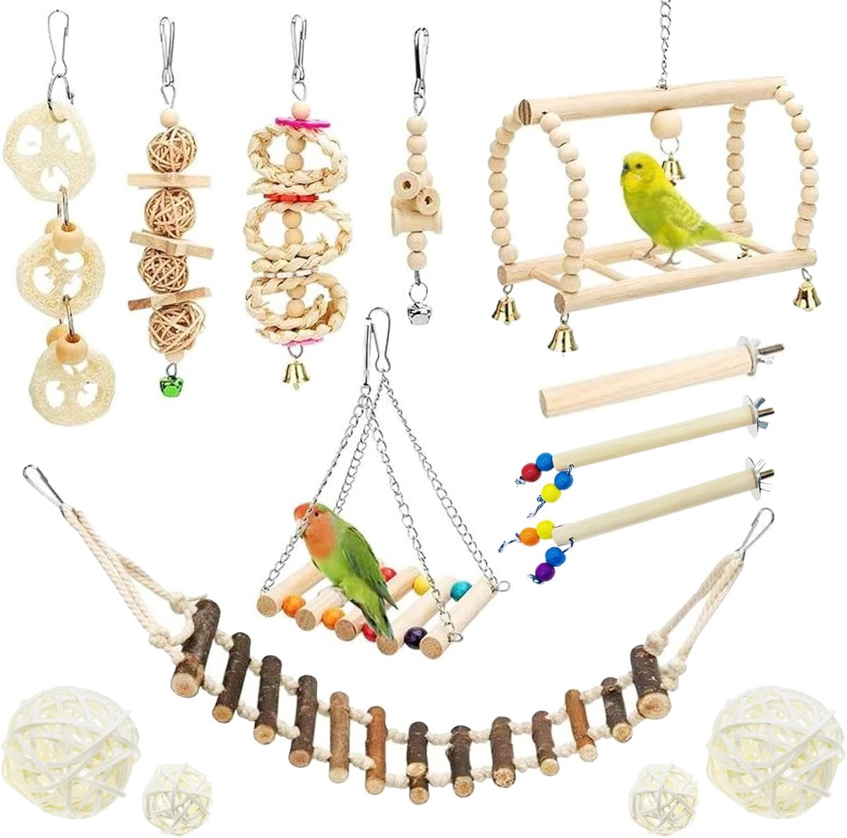 18 stuks speelgoed voor vogelbaars, hangende bel voor huisdieren, vogelkooi, hangmat, schommel, speelgoed, houten kauwspeelgoed voor conures, liefdesvogels, kleine