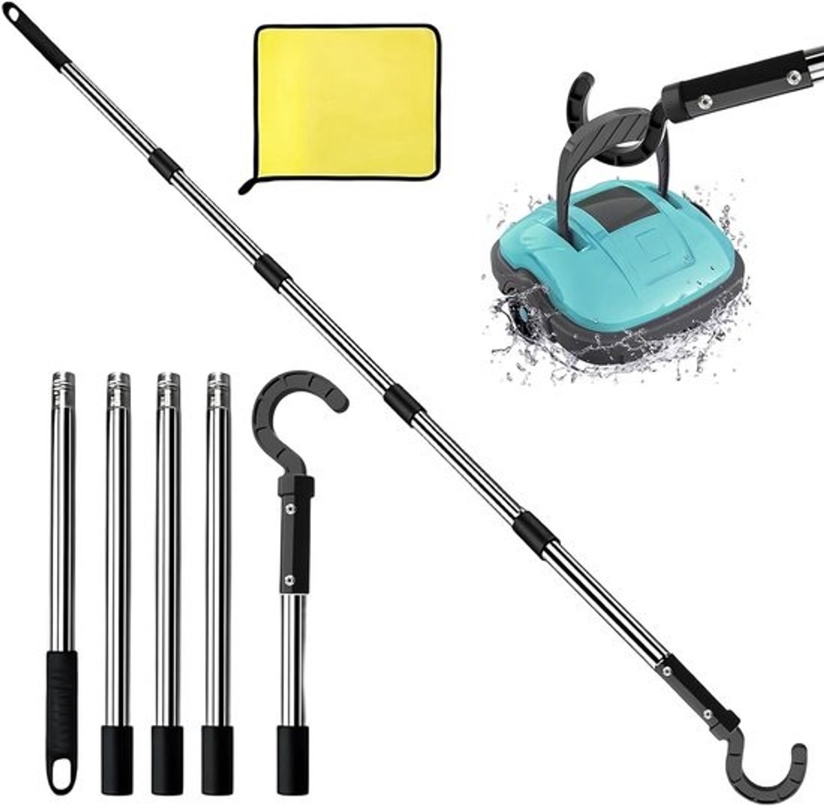 Robotschoonmaker voor Zwembaden met 5 Verwijderbare RVS Stangen en Accessoires voor Efficiënte Poolreiniging, 180 cm Lang, Ideaal voor Algemeen Onderhoud en Schoonmaak van Zwembaden