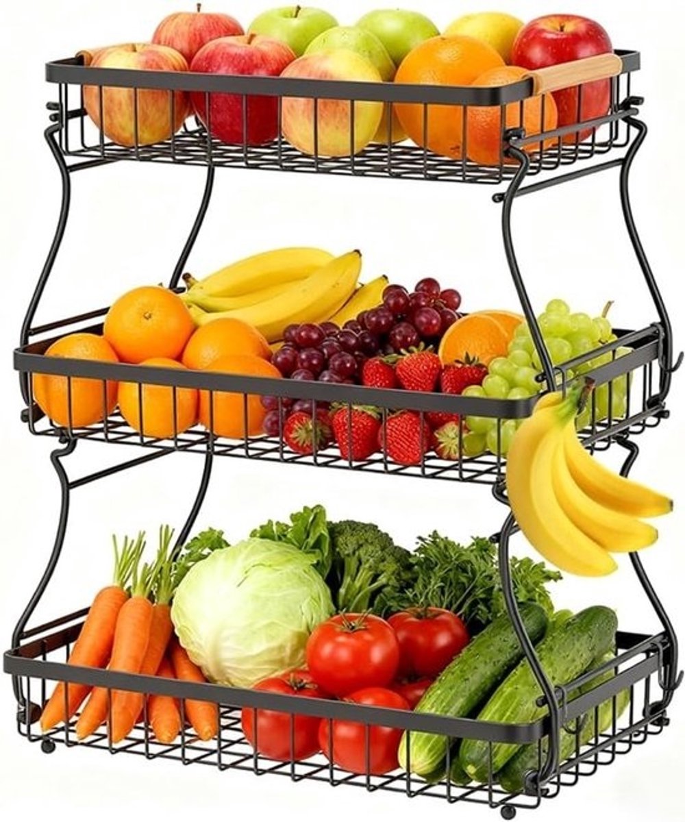 Drie-laags fruitstandaard met 2 bananenhouders - Metalen fruitmand - Zwart