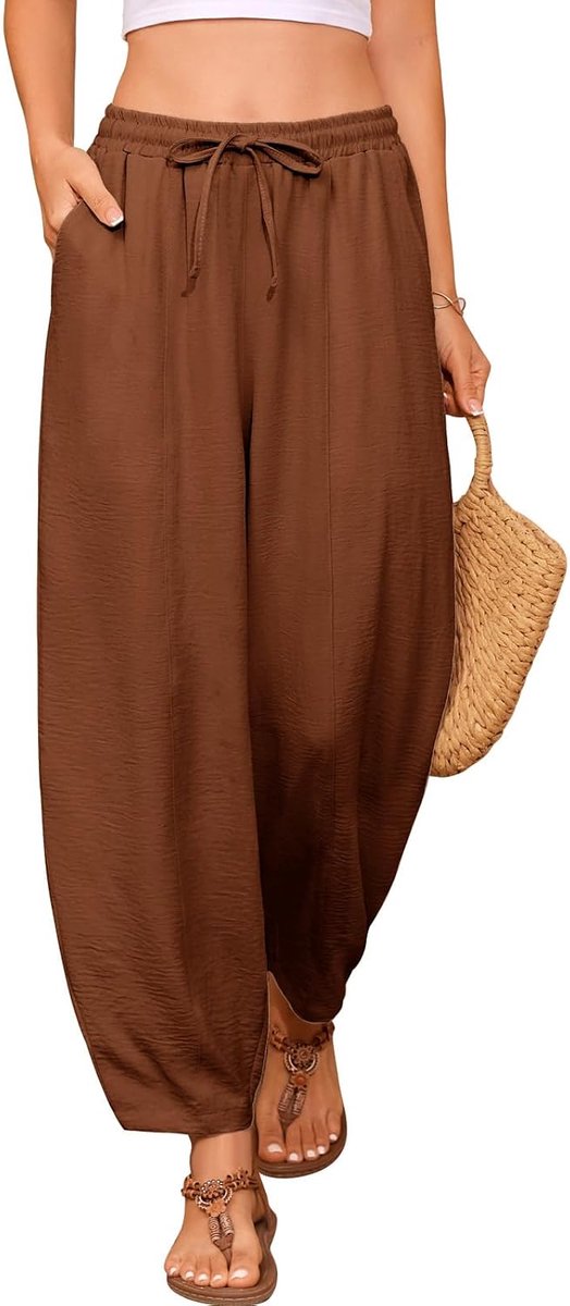 Zomerbroek voor dames, 7/8, lichte zomerbroek, luchtig, elastisch, hoge taille, capribroek, vrijetijdsbroek, comfortabele losse casual strandbroek, brede yogabroek met trekkoord en zakken