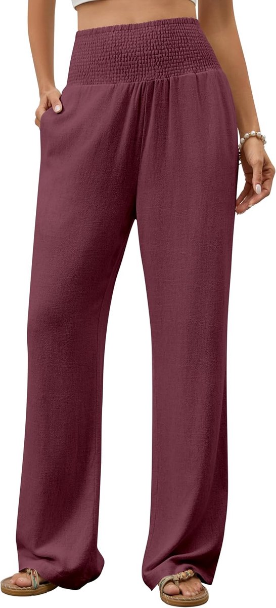 Broek voor dames, wijde pijpen, elegant, palazzo, casual, hoge taille, stoffen broek, lange lichte stoffen broek, plooiband met zakken
