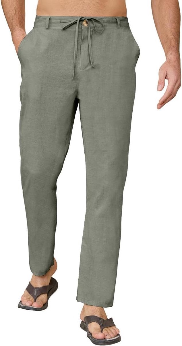 Linnen herenbroek, katoenen broek met zomerzakken, lichte broek met trekkoord, casual losse strandbroek, rechte pijpen, yogabroek