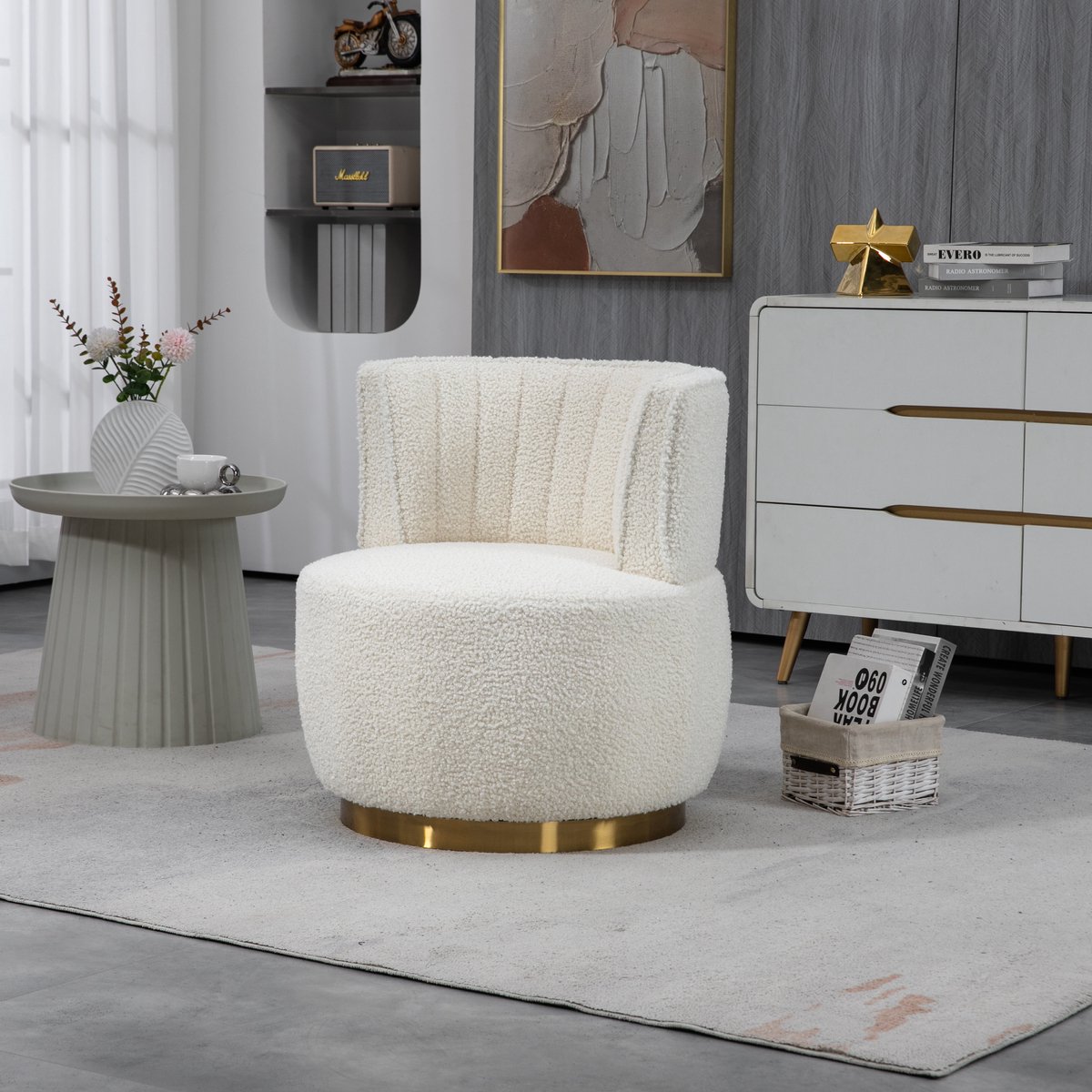 MODFU Fauteuil - 360° Draaibaar - Teddy Stof - Modern - Woonkamer - Metaal - Wit