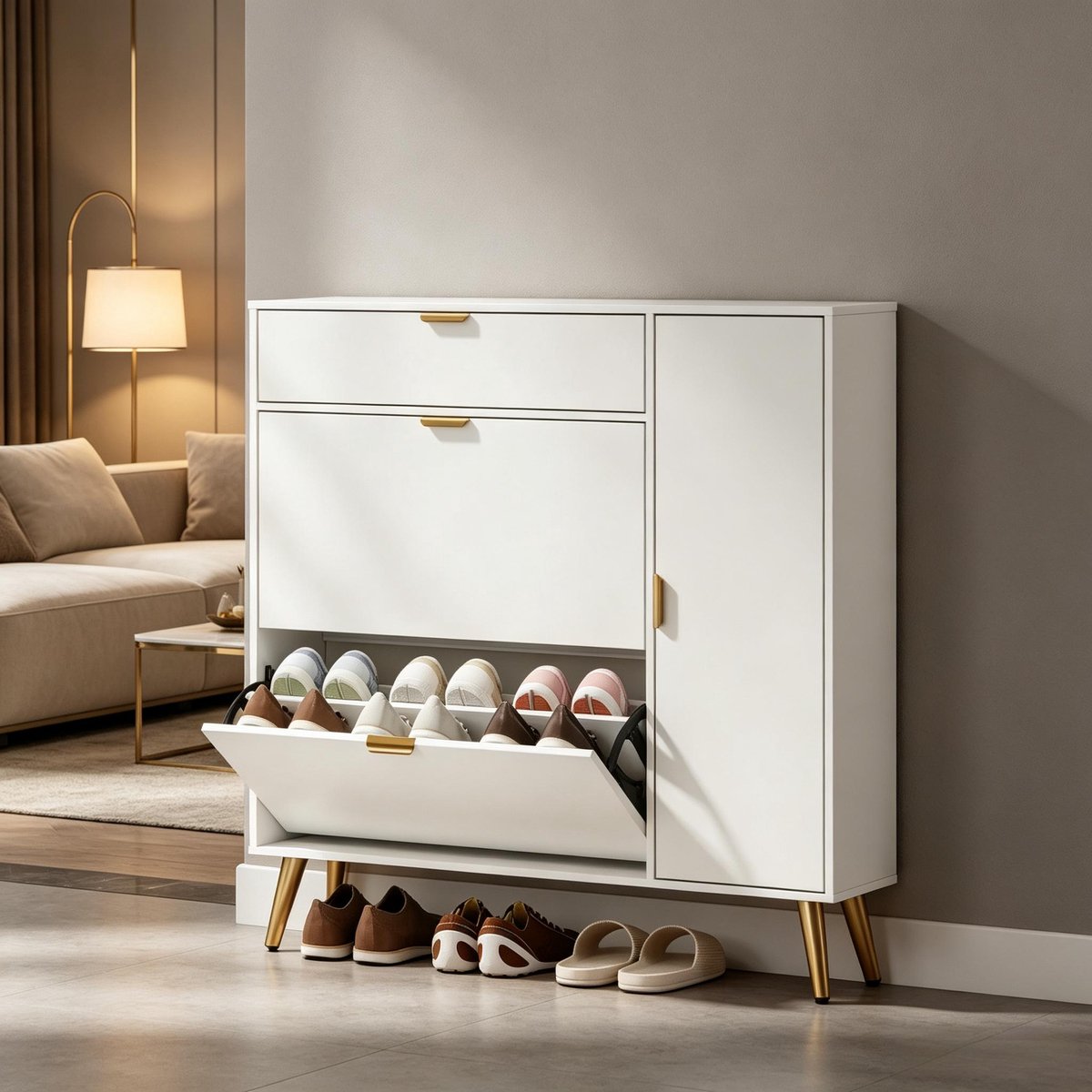 REDOM - Schoenenkast - 2 klepkasten - 4 opbergvakken - ruimte voor 8-12 paar schoenen - MDF en spaanplaat - Wit - 99,4 x 23,8 x 106,6 cm