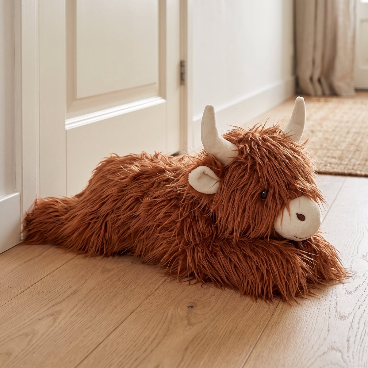 Cheqo® Schotse Hooglander Deurstopper - Highland Koe Deurstopper - Pluche Deurstopper - Dieren Deurstopper - Decoratieve Deurstopper - Deurstopper Dier - Deur Openhouder - Deurvastzetter - Deurbuffer - Bruine Deurstopper - Deurstop