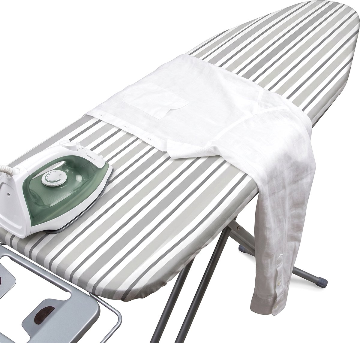 Cheqo® Strijkplankhoes Gestreept - Strijkplankovertrek met Strepen Print - Strijkhoes Universeel met Elastiek - Hittebestendig en Hittereflecterend - Antislip Toplaag - Extra Dik en Stoomdoorlatend - Hoes voor Strijkplank - Grijs - maat XL