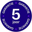 Ronde sticker met de tekst '5 jaar garantie'.