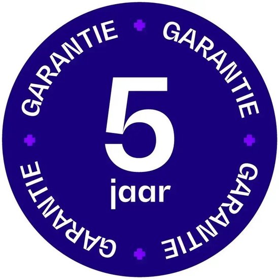 Ronde sticker met de tekst '5 jaar garantie'.