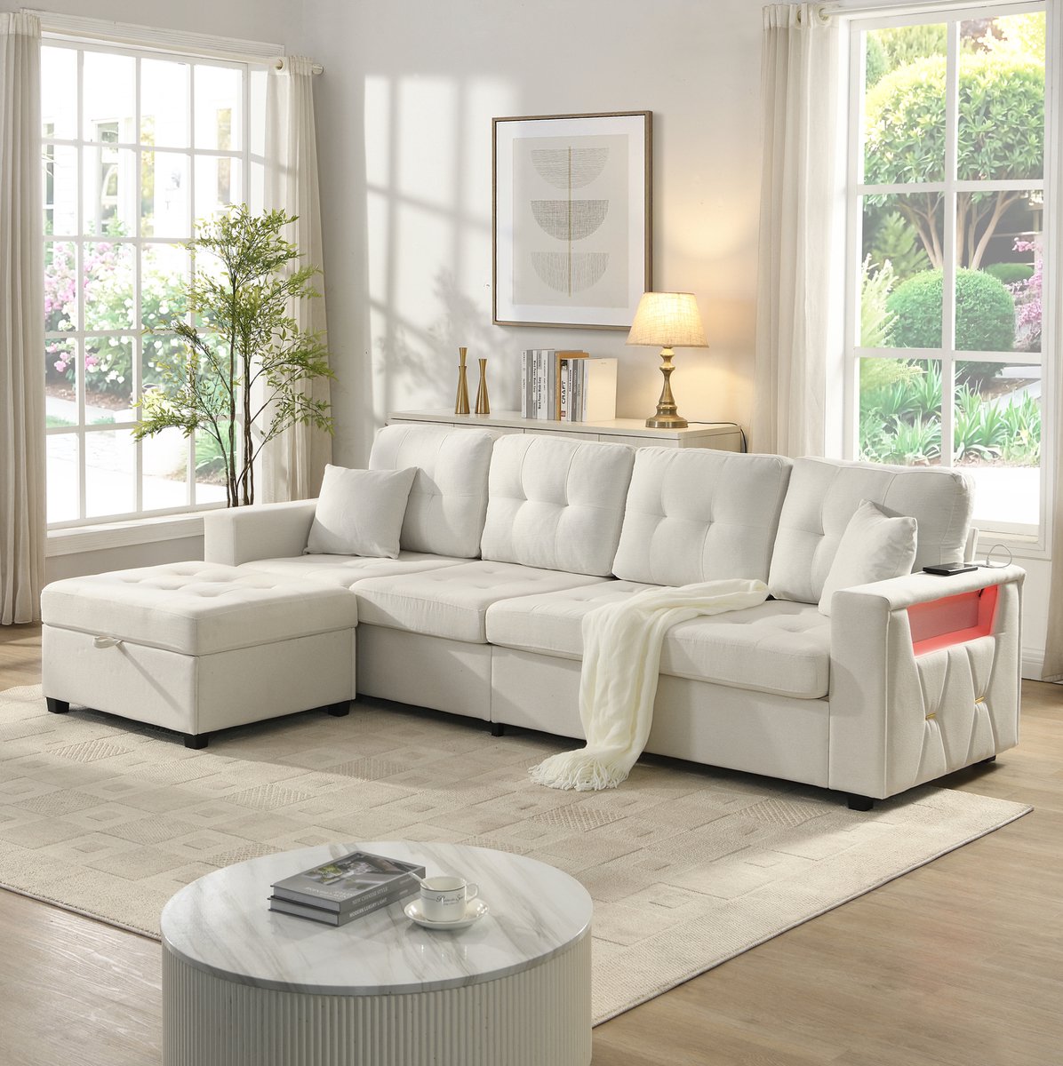 REDOM - Hoekbank - Modulaire L-vorm - 4-zits - Opberghocker met opbergruimte - USB en Type-C aansluitingen - Linnen - Beige - 253 x 144.5 x 80.7 cm
