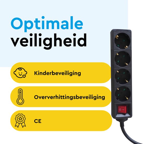 Zwarte stekkerdoos met 4 stopcontacten, verlichte schakelaar, kinderbeveiliging en oververhittingsbeveiliging.