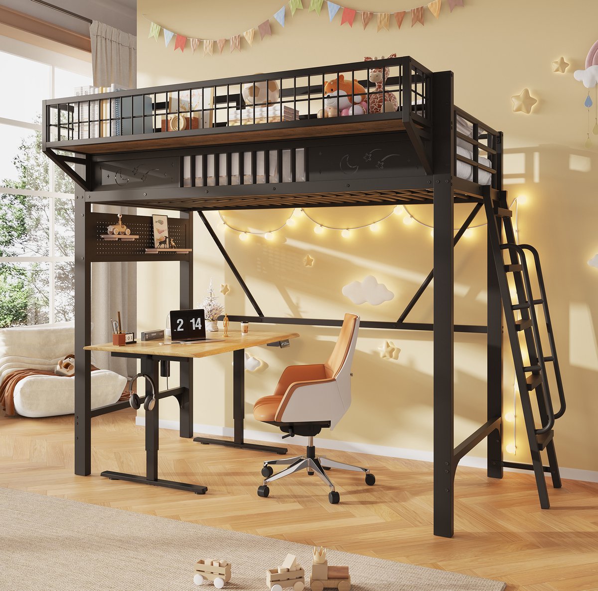 MIVRAY Hoogslaper 90 x 200 cm - Met Opbergvakken En Open Onderzijde - Met Ladder Voor Slaapkamer - Metaal - Zwart Zonder Matras
