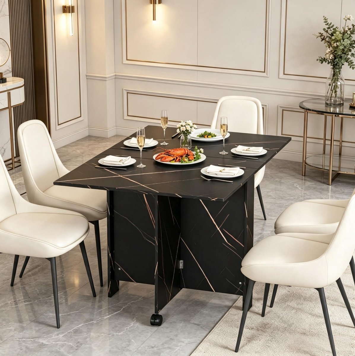 OKWISH Opklapbare Eettafel – Uitschuifbaar – Marmerlook – Verrijdbaar – Zwart – Voor Keuken En Woonkamer – 120 x 80 x 73 cm