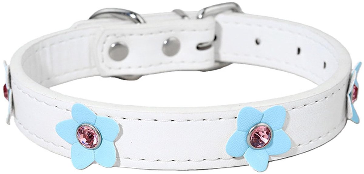 Elzusha - Leren Hondhalsband met Bloemen - Wit en Blauw - S