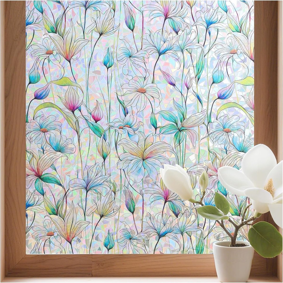 Anti inkijk raamfolie - Magnolia - 44,5 x 200 cm - PVC Raamdecoratie met 3D Regenboogeffect - Voor Privacy en Lichtinval