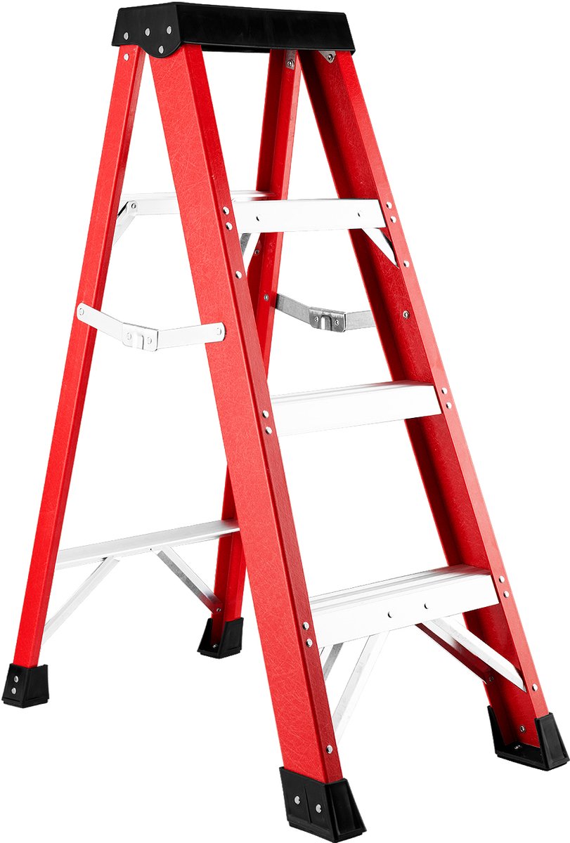 Glasvezelladder Enkelzijdige Trapladder - Voor Elektrotechniek - Isolatieladder - 3 Treden - Rood - Lichtgewicht
