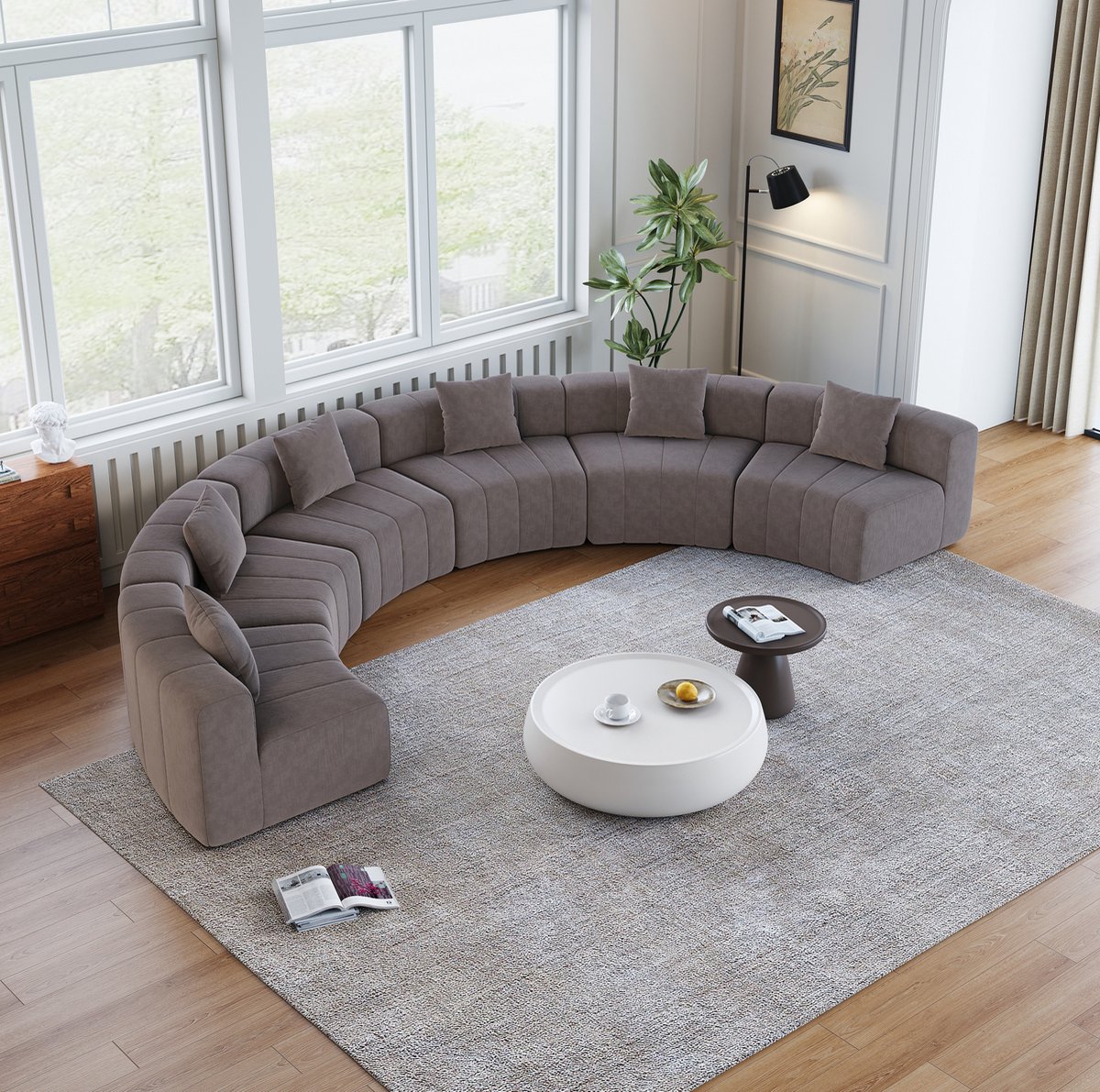 REDOM - Modulaire bank - Gebogen halfronde opstelling - Chenille bekleding - 2 kussens - Zonder montage - Woonkamer - Grijs - 444,5 x 222 x 73,6 cm