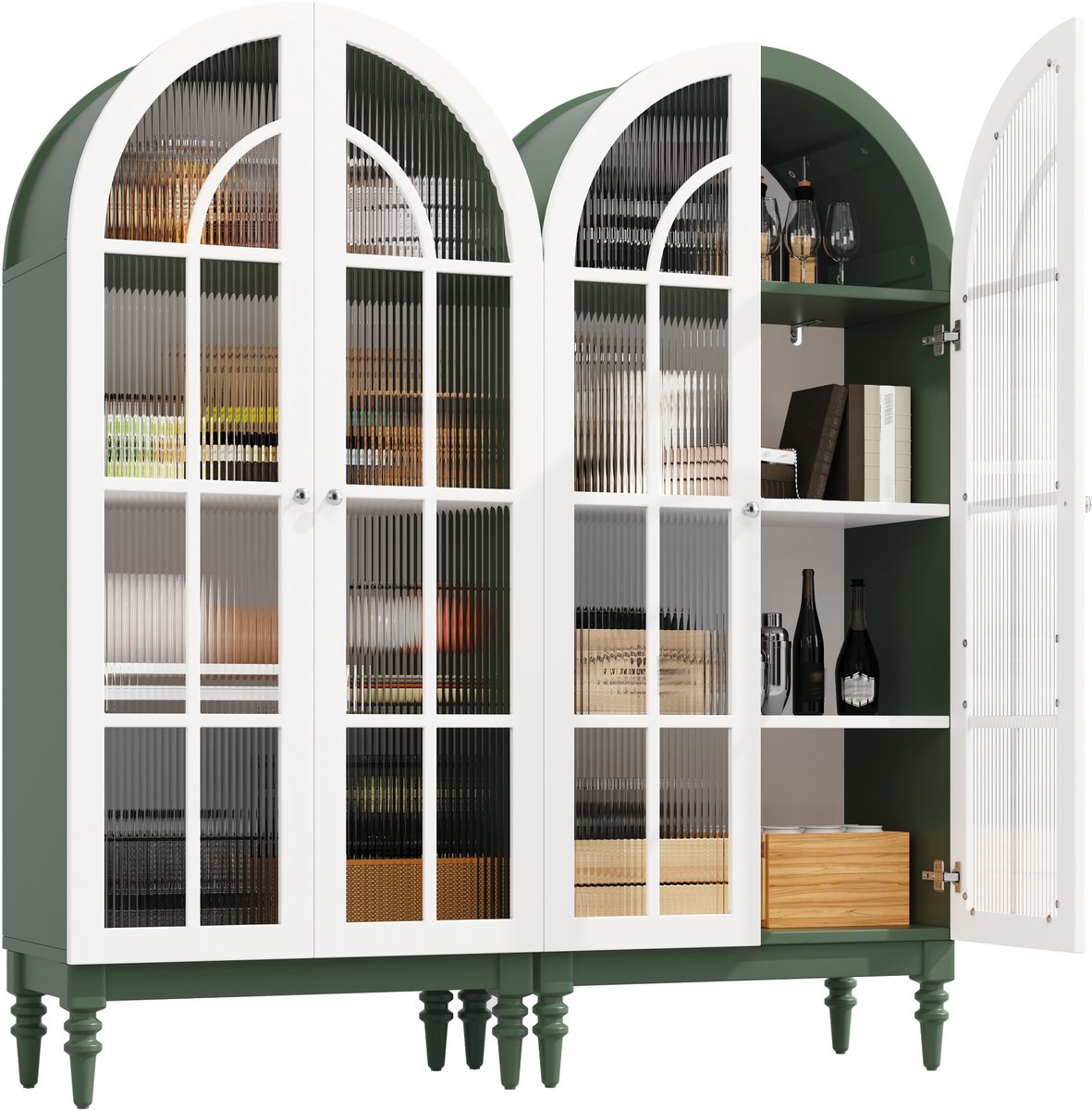 REDOM - Vitrinekast set van 2 - Boogfront met riffelglas - 3 legplanken - Dubbele deuren - MDF en metaal - Groen - 76 x 38,5 x 165 cm