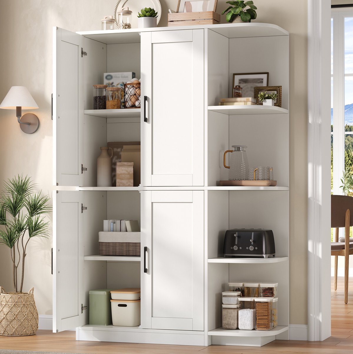 REDOM - Keukenkast - 4 deuren en 4 open vakken - Verstelbare legplanken - Kantelbeveiliging - Moderne stijl - Keuken en woonkamer - MDF - Wit - 103 x 40 x 163 cm