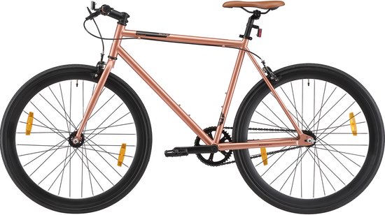 Koperkleurige damesfiets met bruine accenten en zwarte banden.