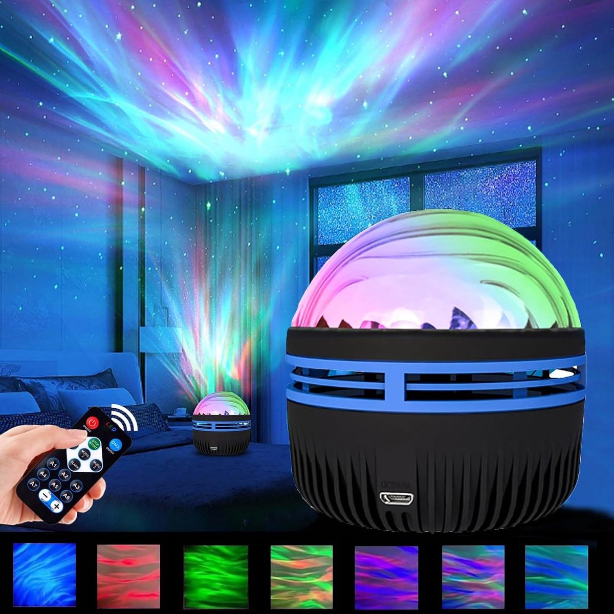 2-in-1 Noorderlicht en oceaangolfprojector, sterrenprojector met afstandsbediening, led-projectielamp, RGB dimbaar met 7 lichteffecten, Galaxy projectorlicht voor kinderen, slaapkamer, feest, thuis