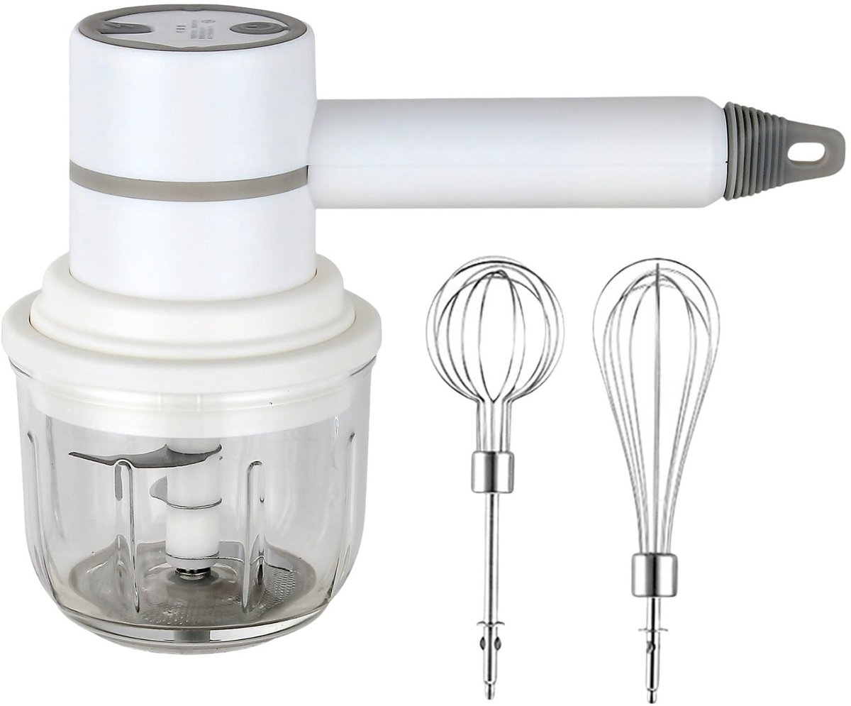 Handmixer Elektrisch - Hakmolen - Uiensnijder - Keukenmachine - Multihakker - Groentesnijder - Mixer Keuken - Klopper - Draadloos - Oplaadbaar - Knoflooksnijder - Slagroomklopper - Mini Blender - Bakgerei - Wit - 1 Stuk