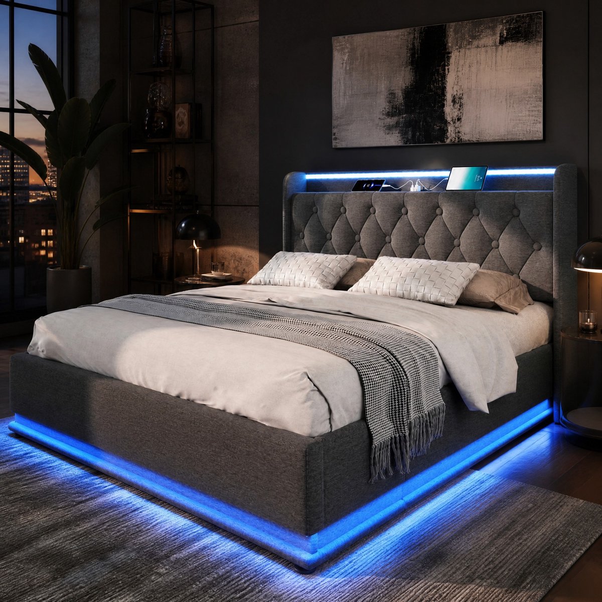 MIVRAY Polsterbed 180x200 cm - Tweepersoonsbed met Ledverlichting en Usb Type C - Hydraulische Opbergruimte - Linnen - Grijs