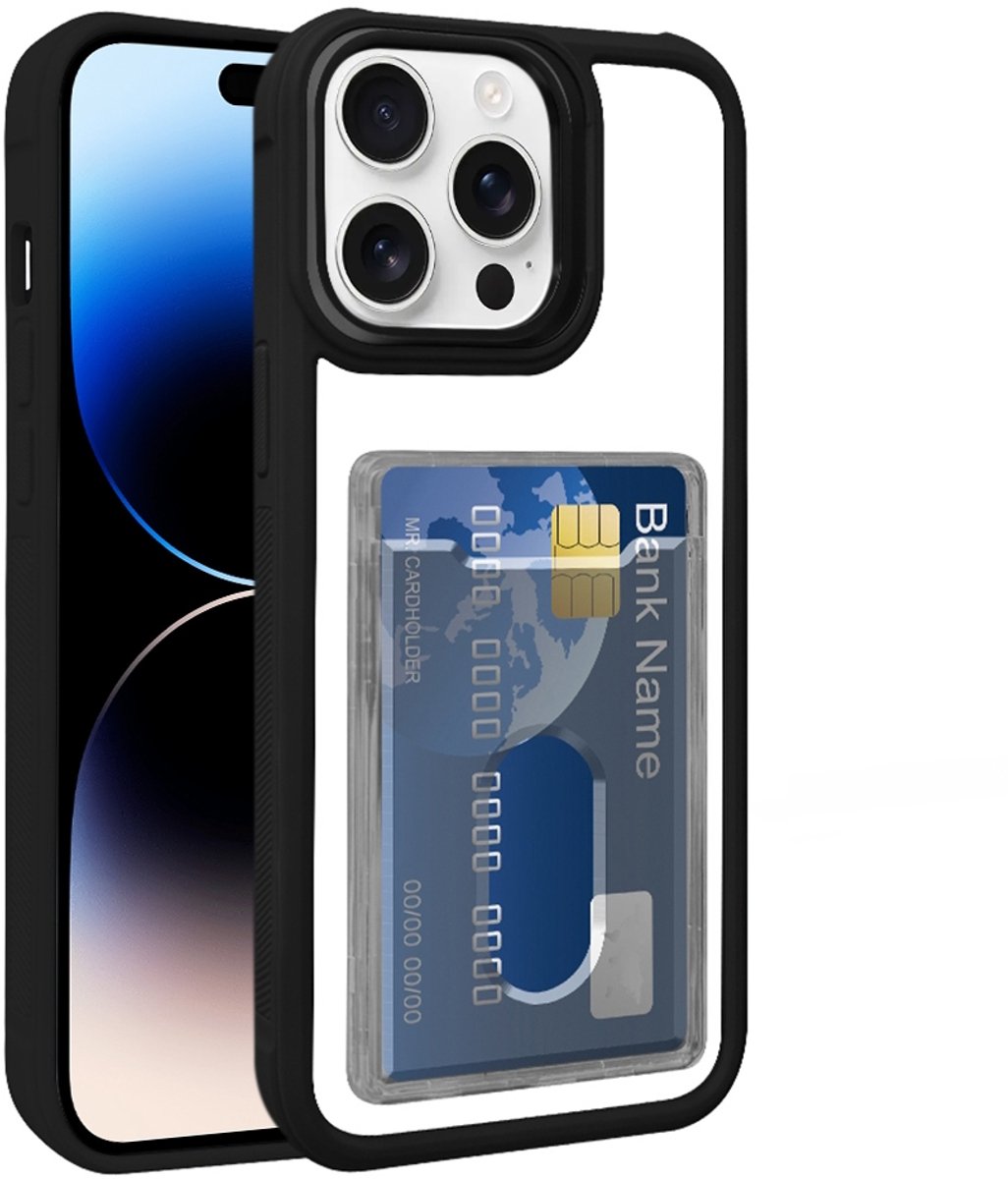 Hoesje met Pasjeshouder voor de iPhone 14 Pro Max - Electroplated Acryl Hybrid TPU - Zwart