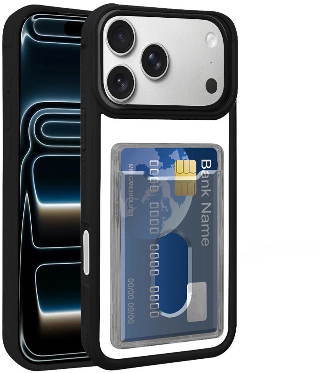Hoesje met Pasjeshouder voor de iPhone 17 Pro - Electroplated Acryl Hybrid TPU - Zwart
