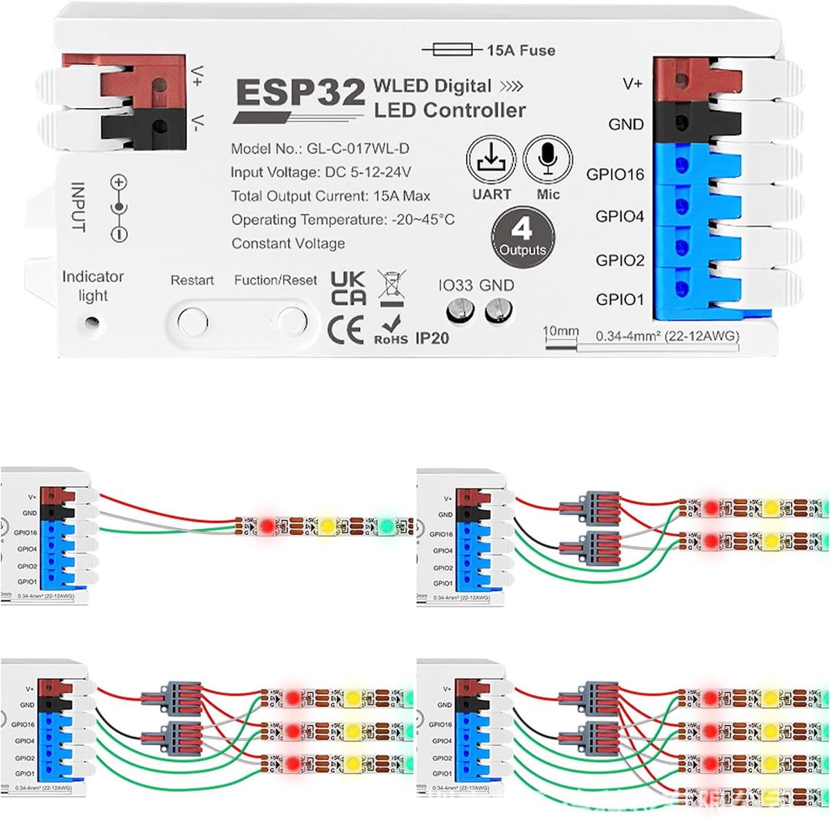 ESP32 WLED digitale led-controller met 4 kanalen, muziekreactie, UART & 20A stekkerzekering, DIY dynamische - ShopVlot