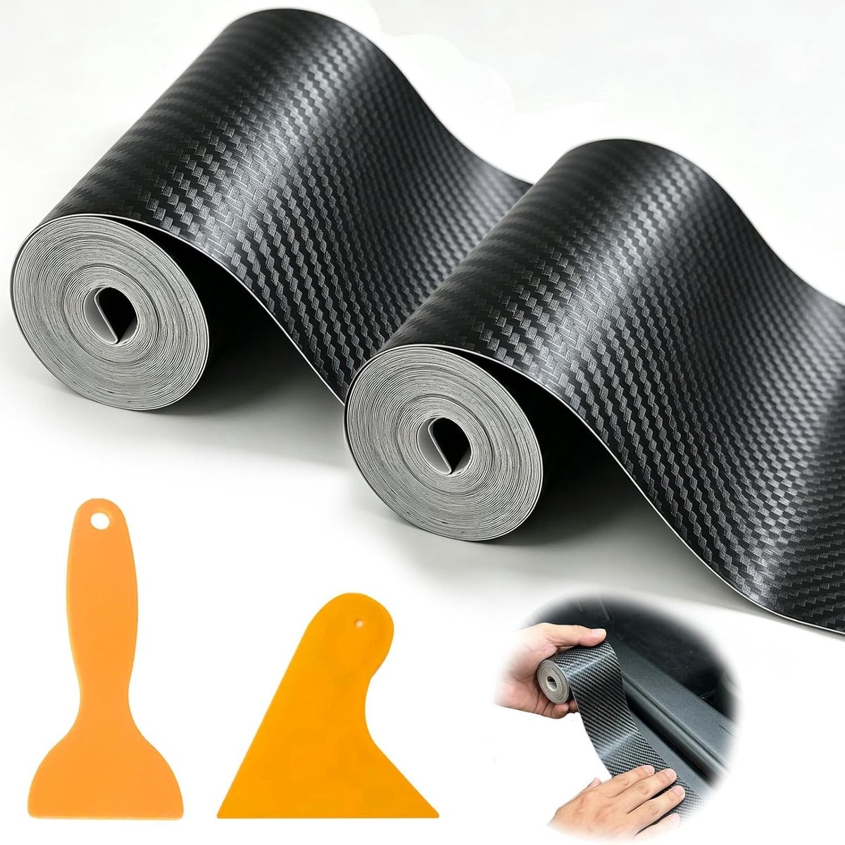 Zelfklevende carbonfolie voor auto - 10 cm x 3 m, mat zwart, bescherming dorpellijsten, luchtbelvrij, met 2 schrapers, lakbescherming en interieurdecoratie